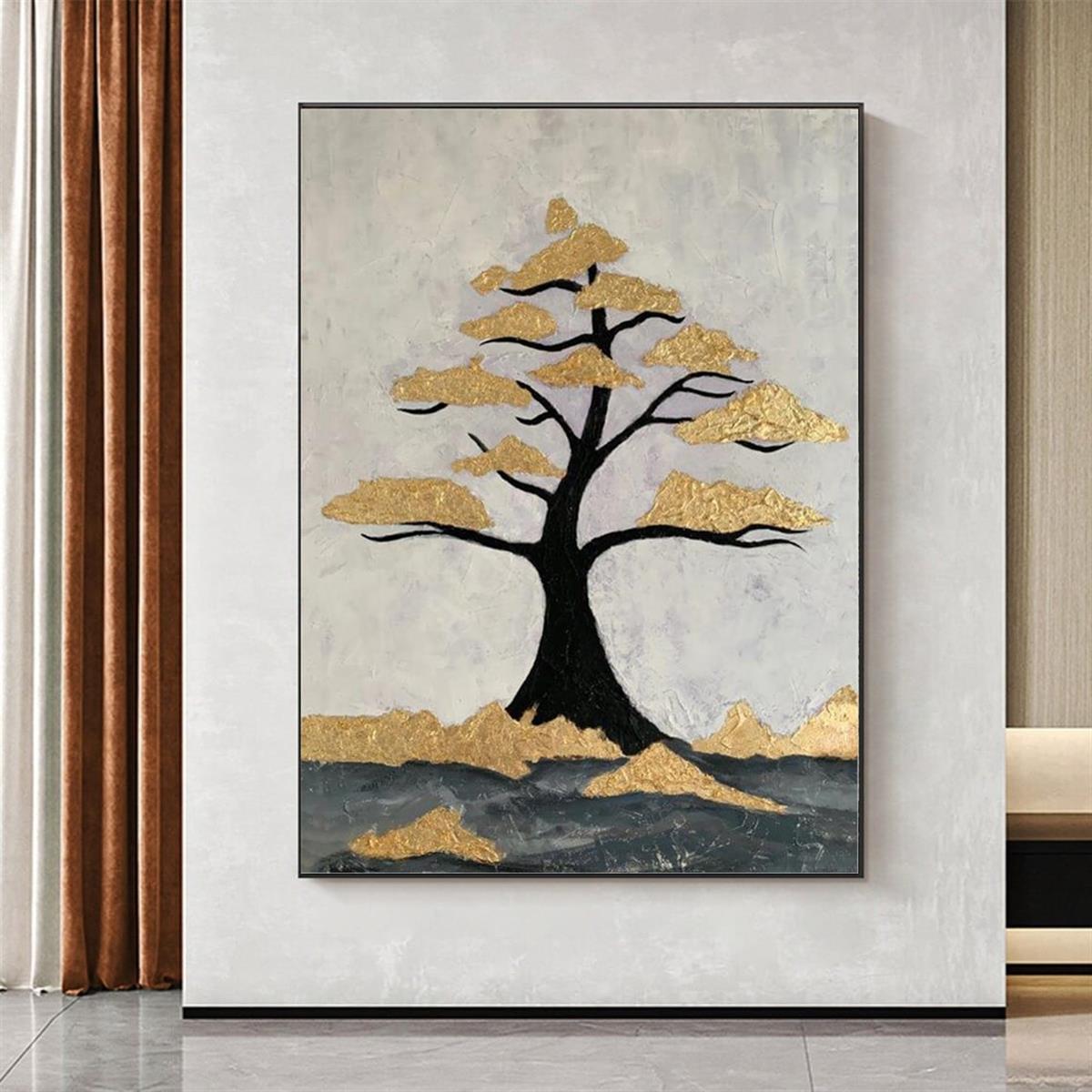 Gold Varaklı Ağaç Yağlı Boya Dokulu TabloYağlı Boya Dokulu Soyut TablolarTablolife.com