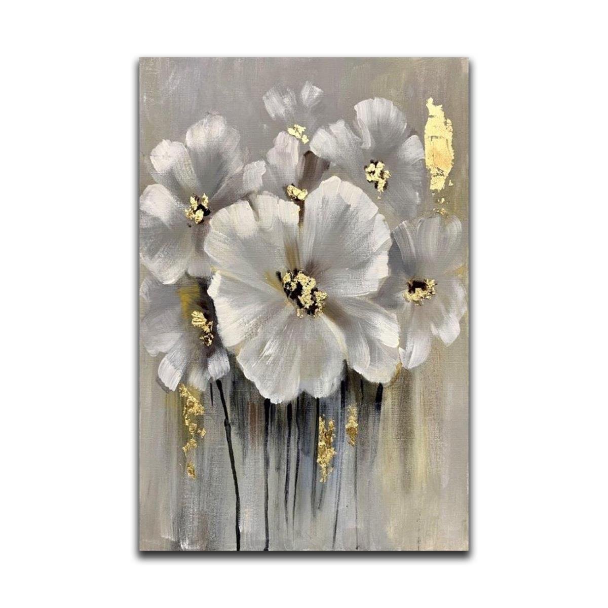 Gold Varaklı Beyaz Çiçekler Yağlı Boya Dokulu TabloYağlı Boya Dokulu Çiçek TablolarıTablolife