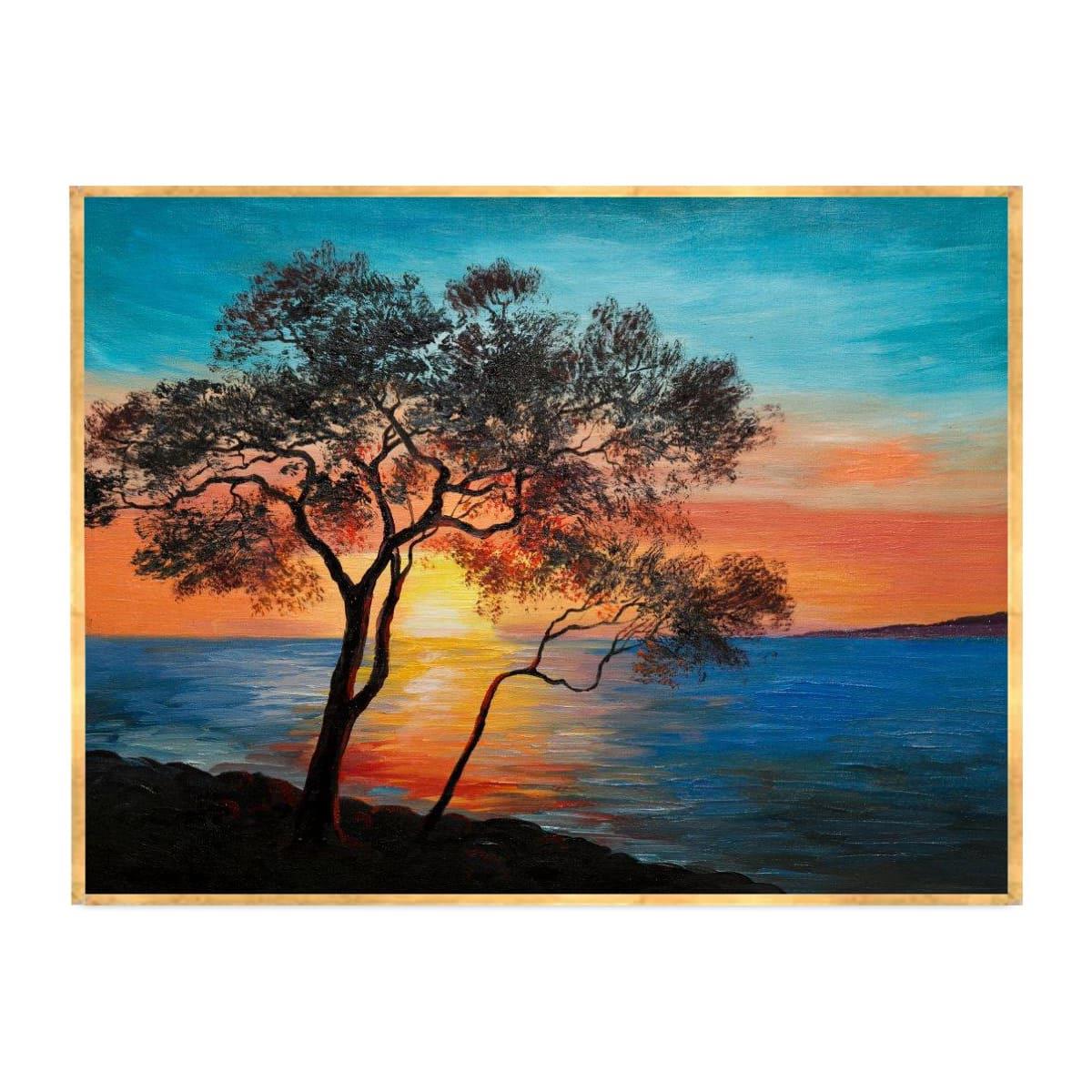 Gölün Yanındaki Ağaç Yağlı Boya Dokulu TabloYağlı Boya Dokulu Manzara TablolarıTablolife