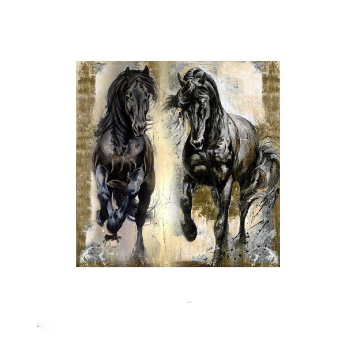 İki Siyah At Yağlı Boya Dokulu TabloYağlı Boya Dokulu Hayvan TablolarıTablolife.com