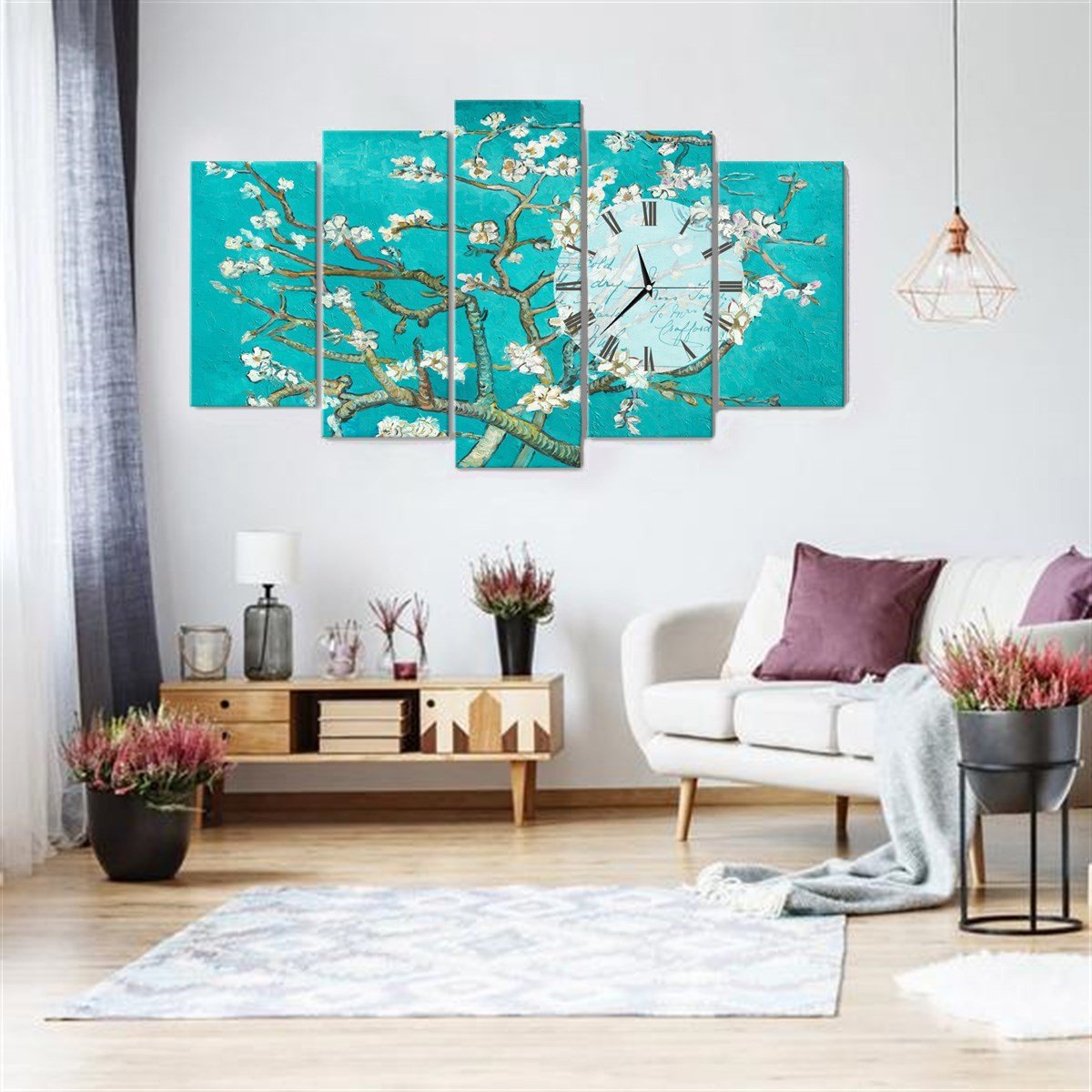 İlkbahar Çiçekleri - Saatli 5 Parçalı Kanvas TabloÇiçekTablolife.com