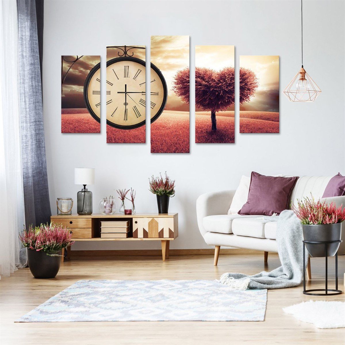 Kalp Ağacı - Saatli 5 Parçalı Kanvas Tablo