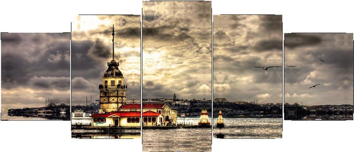 Kız Kulesinde Gri Bulutlar - 5 Parçalı Kanvas Tablo