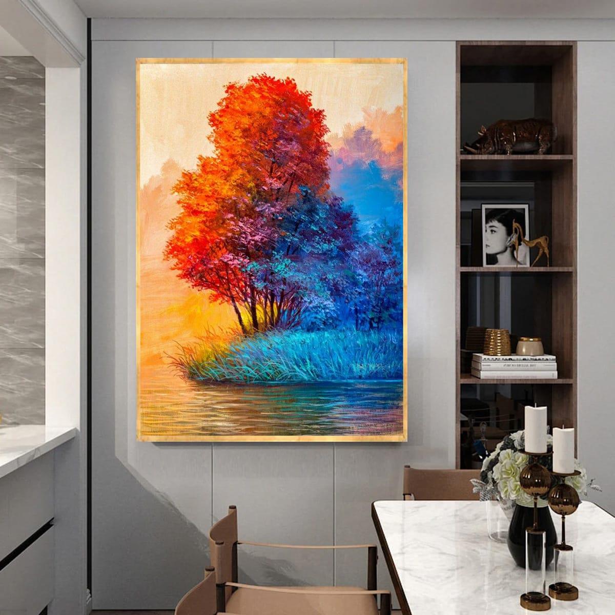 Kızıl Ağaç Yağlı Boya Dokulu TabloYağlı Boya Dokulu Manzara TablolarıTablolife