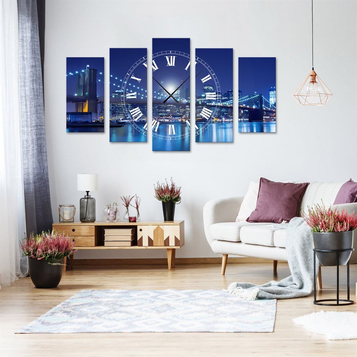 Köprü - Saatli 5 Parçalı Kanvas Tablo