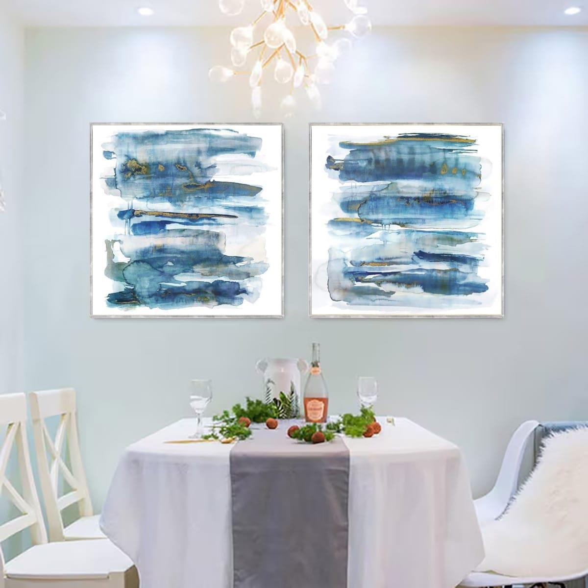 Mavi Beyaz İkili Set Yağlı Boya Dokulu TabloYağlı Boya Dokulu Soyut TablolarTablolife.com