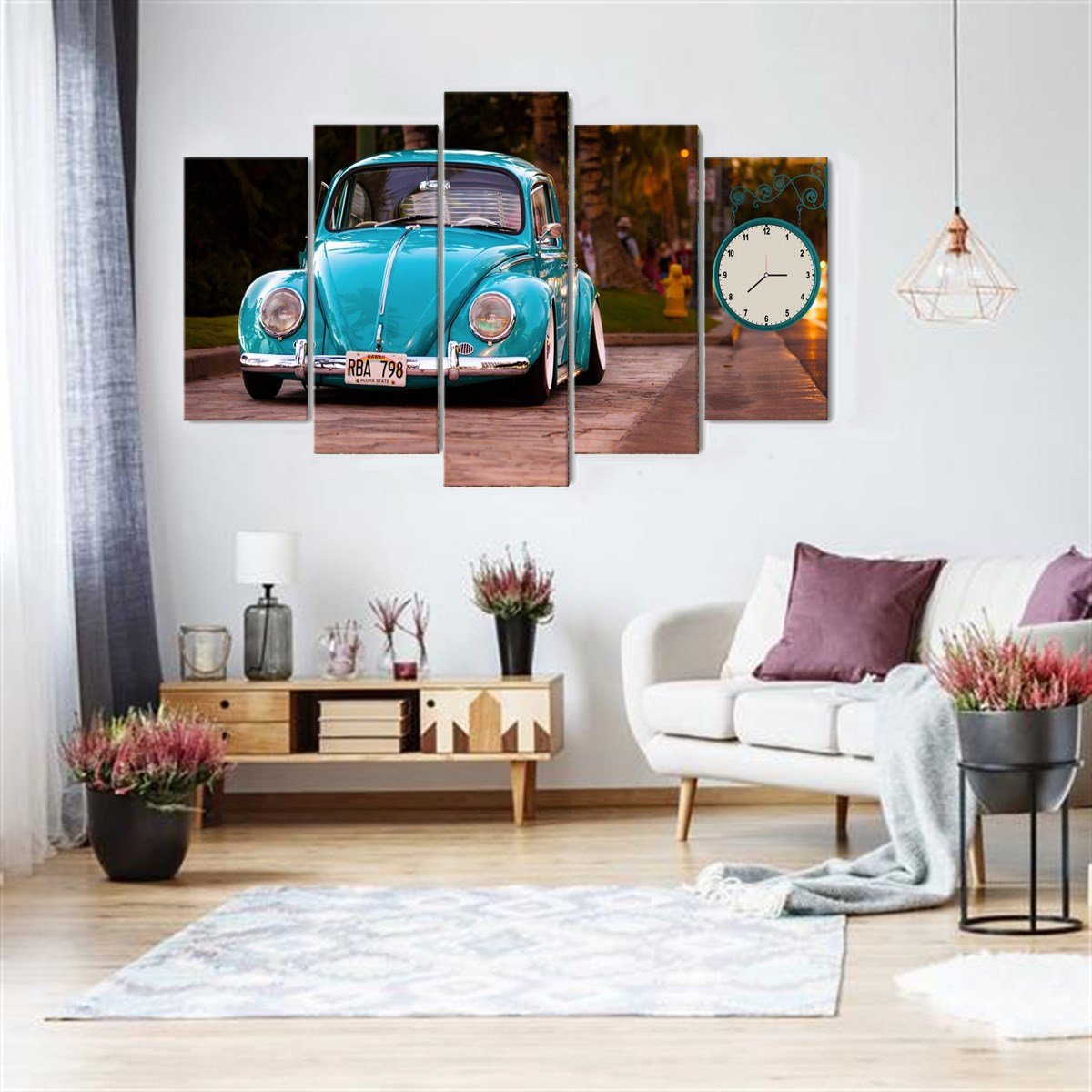 Mavi Vosvos 5 Parçalı Saatli Kanvas TabloKanvas TablolarTablolife.com