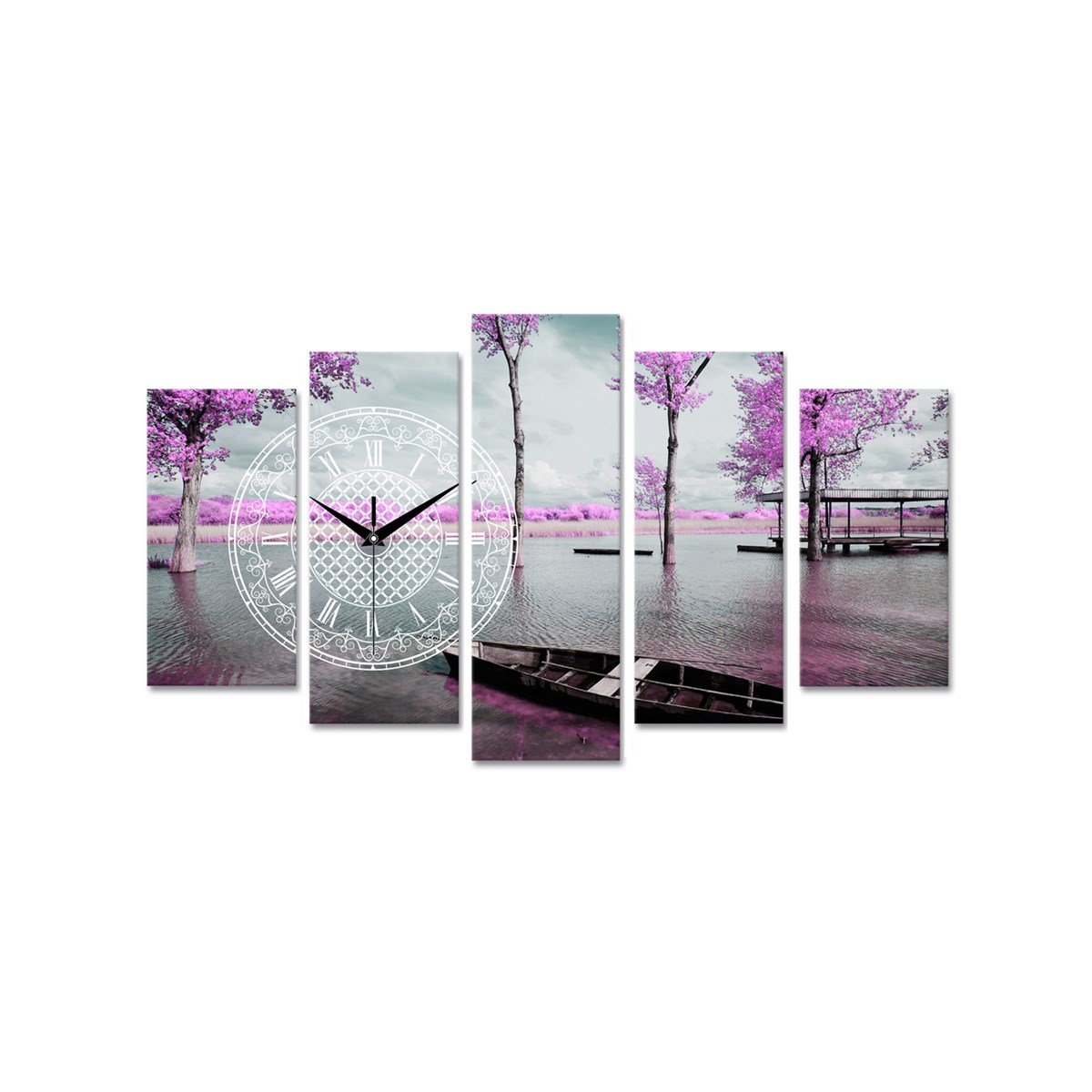 Mor Ağaçlı Göl Saatli 5 Parçalı Kanvas TabloParçalı KanvasTablolife.com