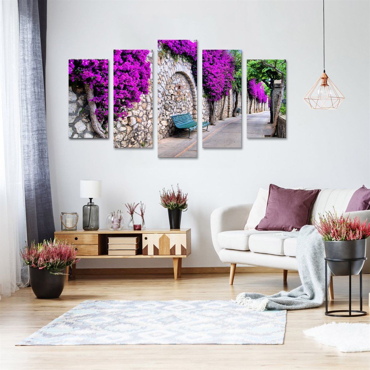 Mor Salkımlı Sokak - 5 Parçalı Kanvas Tablo