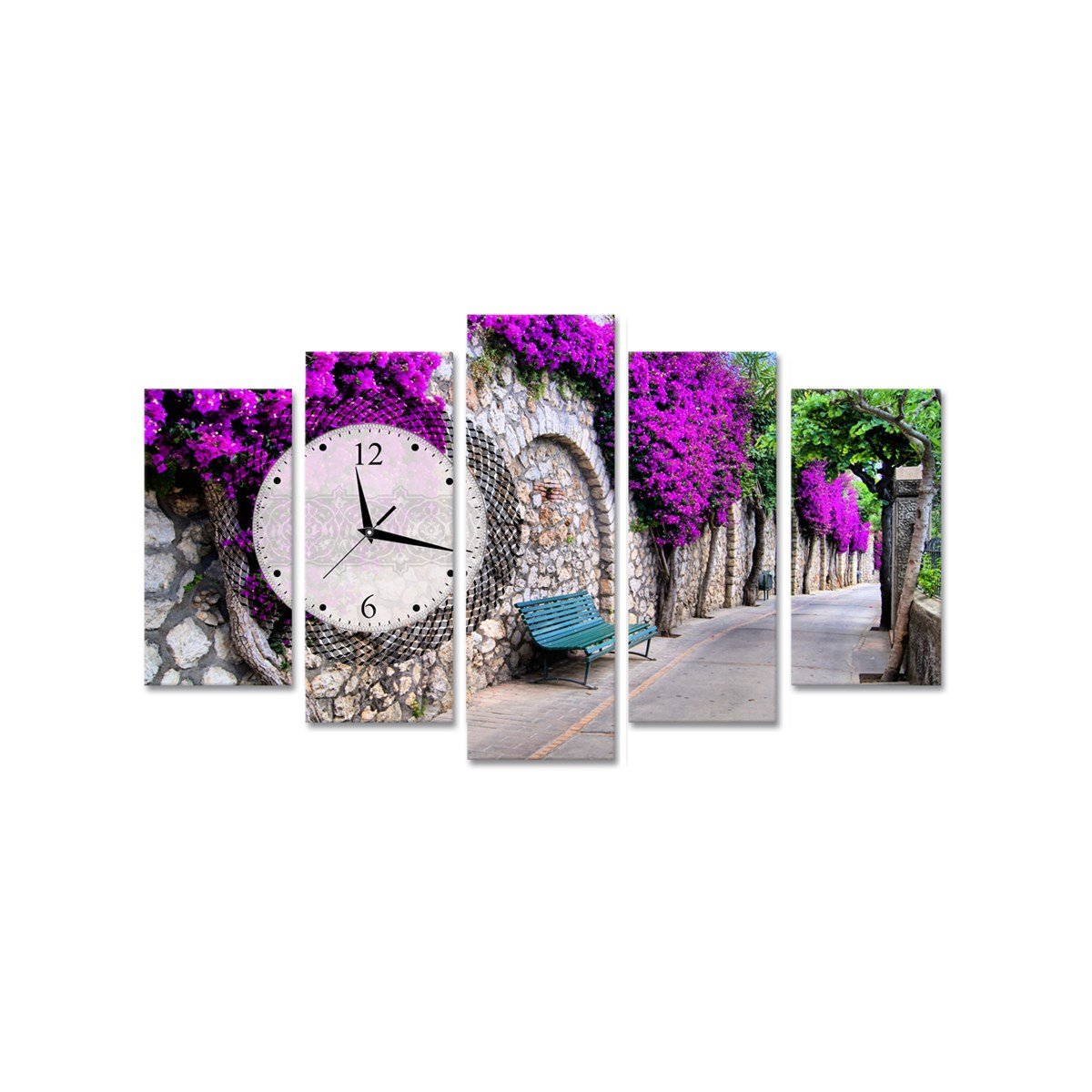 Mor Salkımlı Sokak Saatli 5 Parçalı Kanvas TabloParçalı KanvasTablolife.com