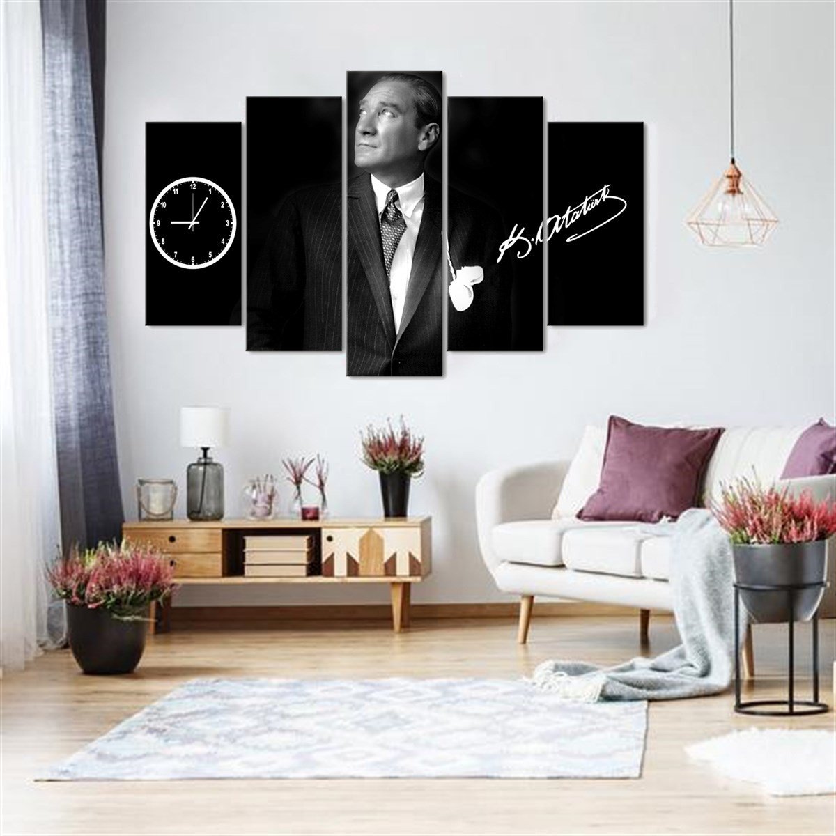 Mustafa Kemal Atatürk 5 Parçalı Saatli Kanvas TabloParçalı KanvasTablolife.com