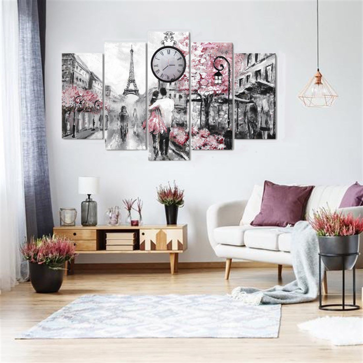 Pariste Bir Çift Saatli 5 Parçalı Kanvas TabloParçalı KanvasTablolife.com