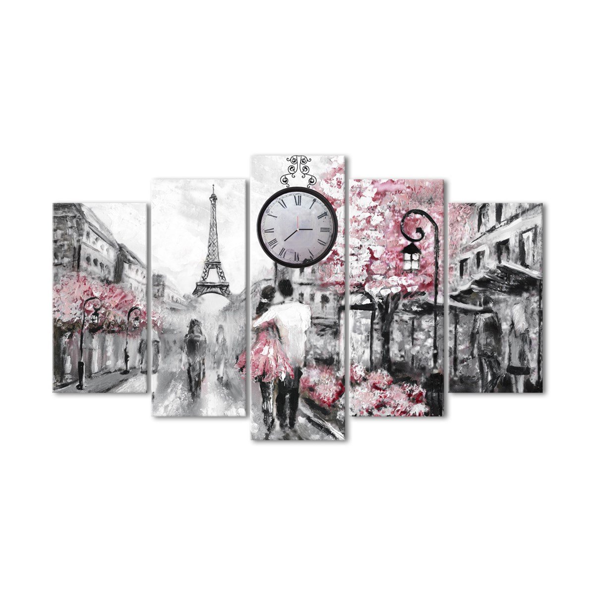 Pariste Bir Çift Saatli 5 Parçalı Kanvas TabloParçalı KanvasTablolife.com