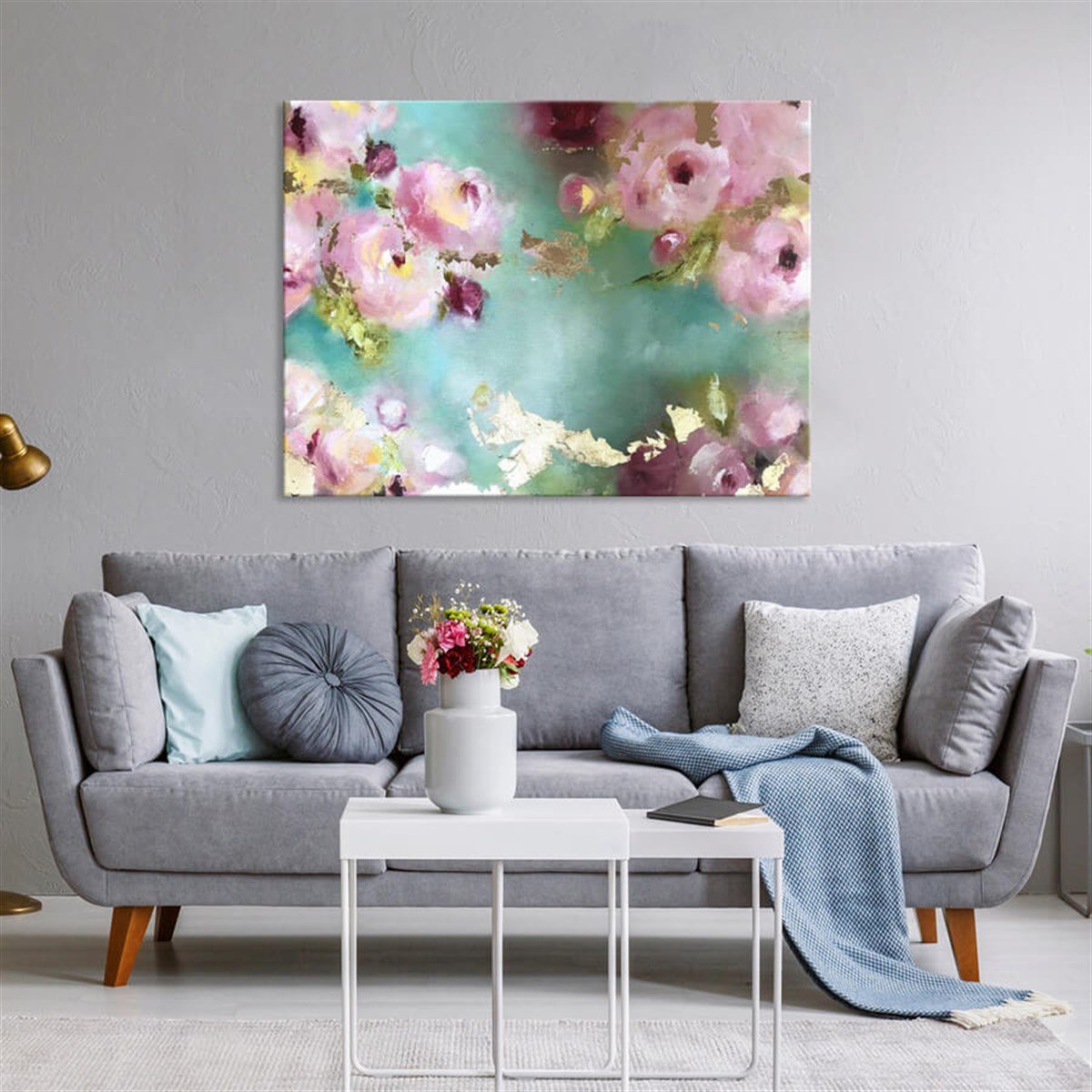 Pembe Çiçekler - Yağlı Boya Dokulu Tablo