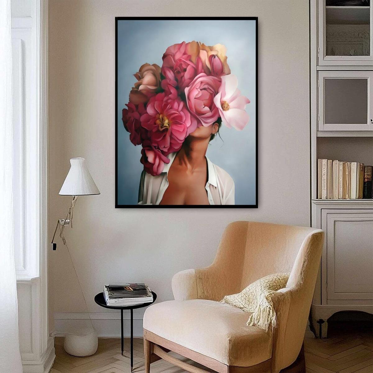 Pembe Çiçekli Kadın Yağlı Boya Dokulu TabloYağlı Boya Dokulu Kadın Temalı TablolarTablolife