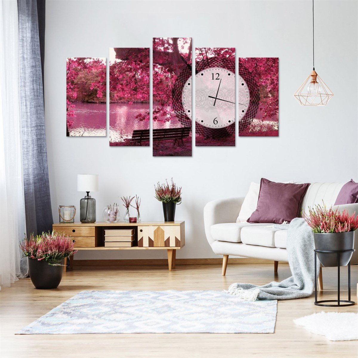 Pembe Sonbahar Saatli 5 Parçalı Kanvas TabloParçalı KanvasTablolife.com