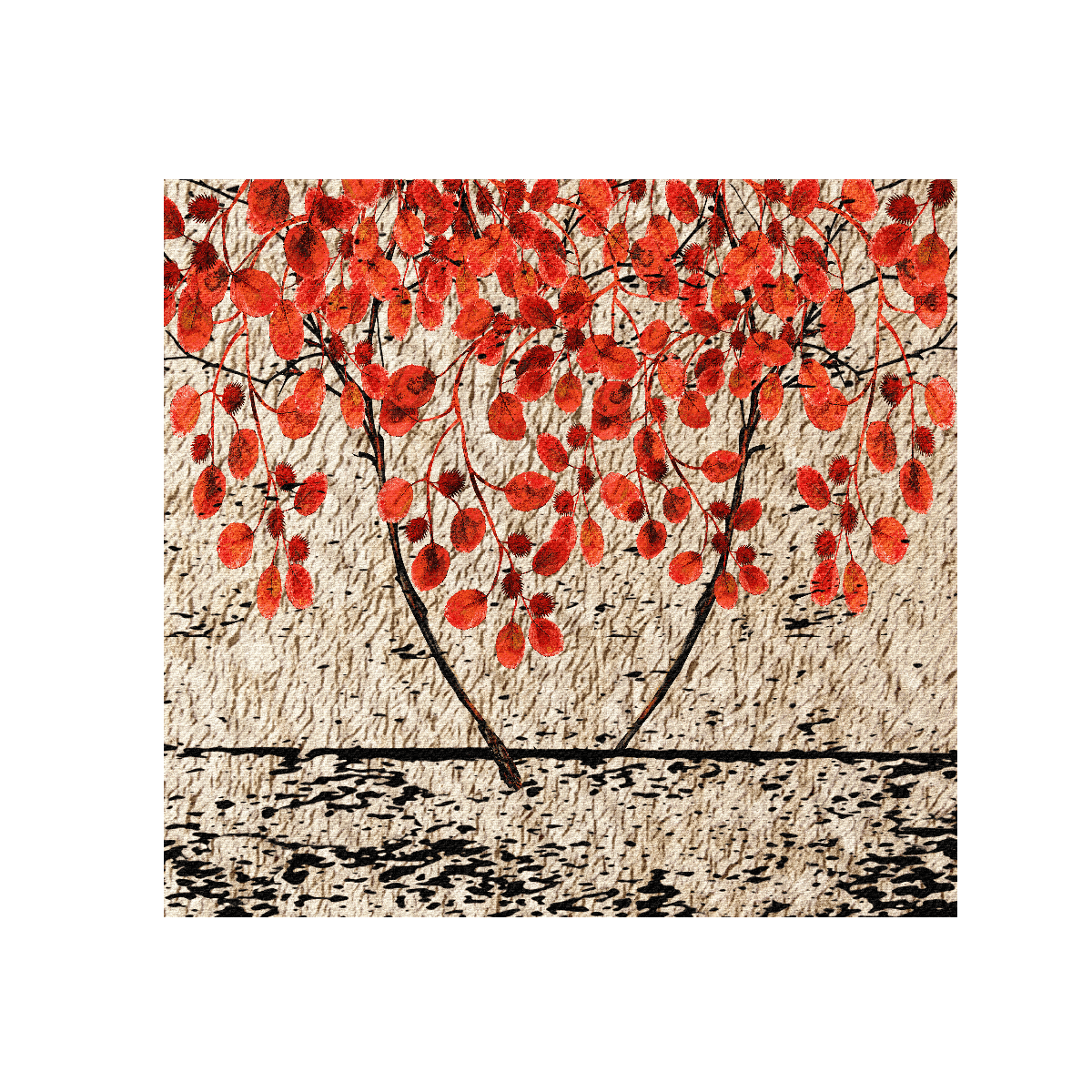 Red Branches Yağlı Boya Dokulu TabloYağlı Boya Dokulu Çiçek TablolarıTablolife