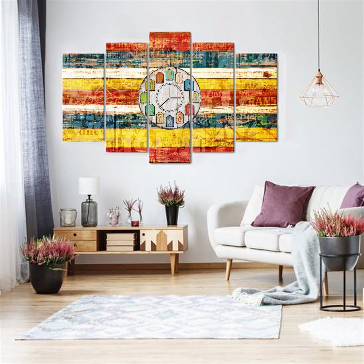 Renkli 5 Parçalı Saatli Kanvas TabloParçalı KanvasTablolife.com