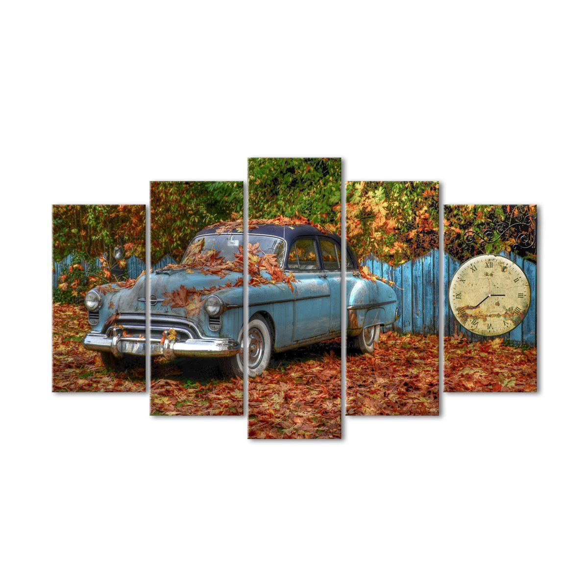Sonbahar Yaprakları 5 Parçalı Saatli Kanvas TabloAraçTablolife.com