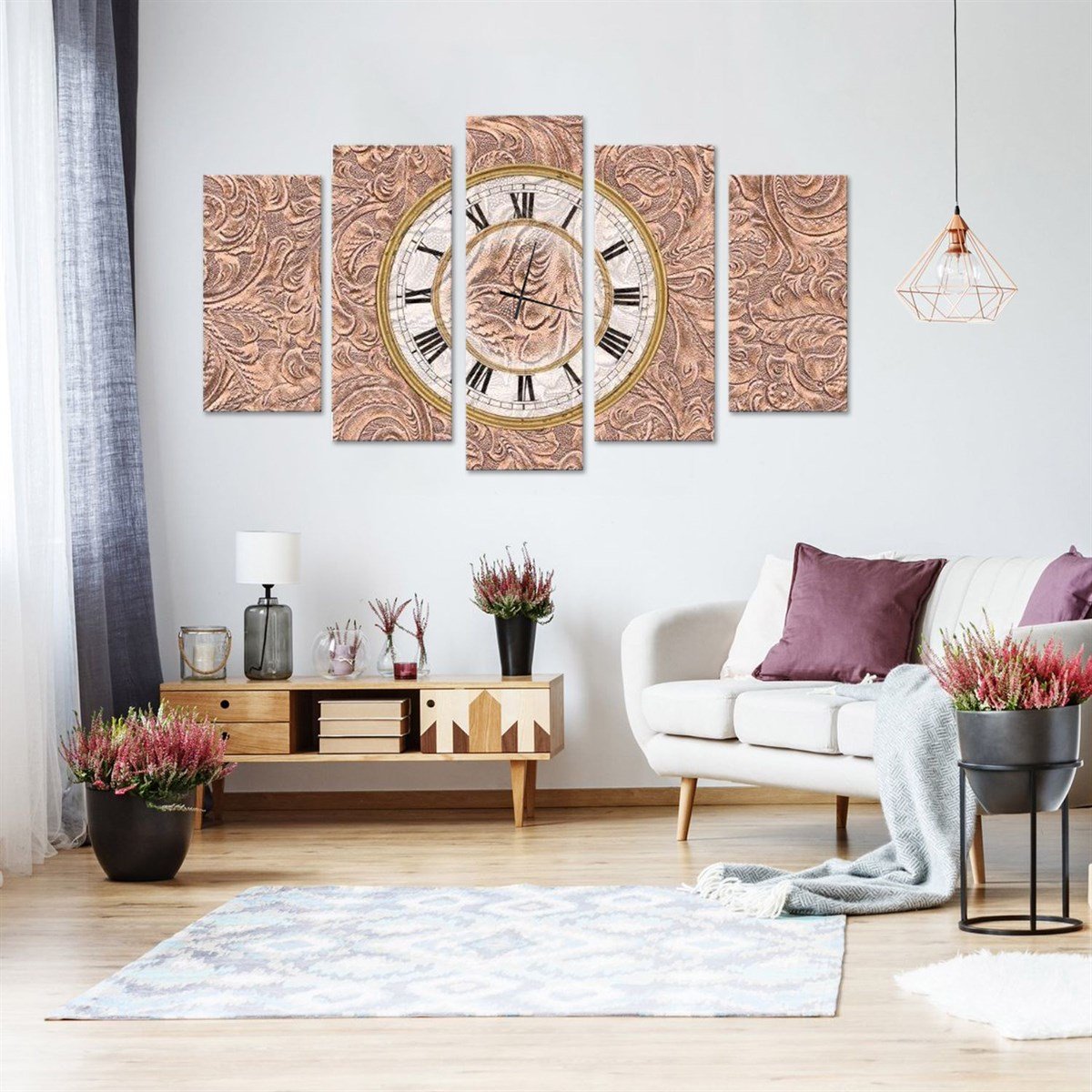 Soyut - Saatli 5 Parçalı Kanvas Tablo