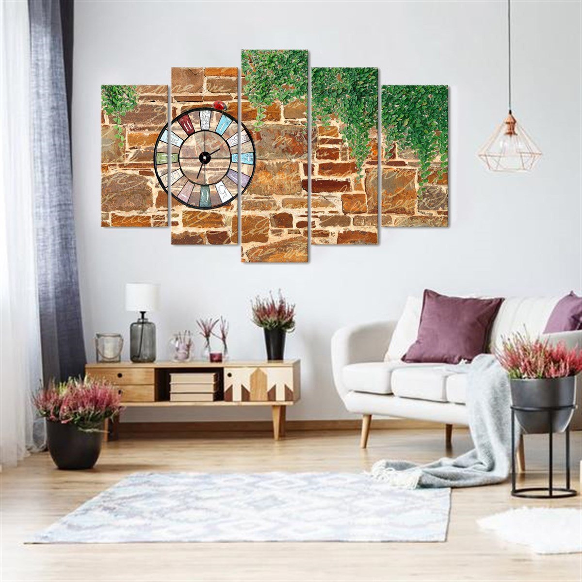 Taş Duvar Saatli 5 Parçalı Kanvas TabloParçalı KanvasTablolife.com