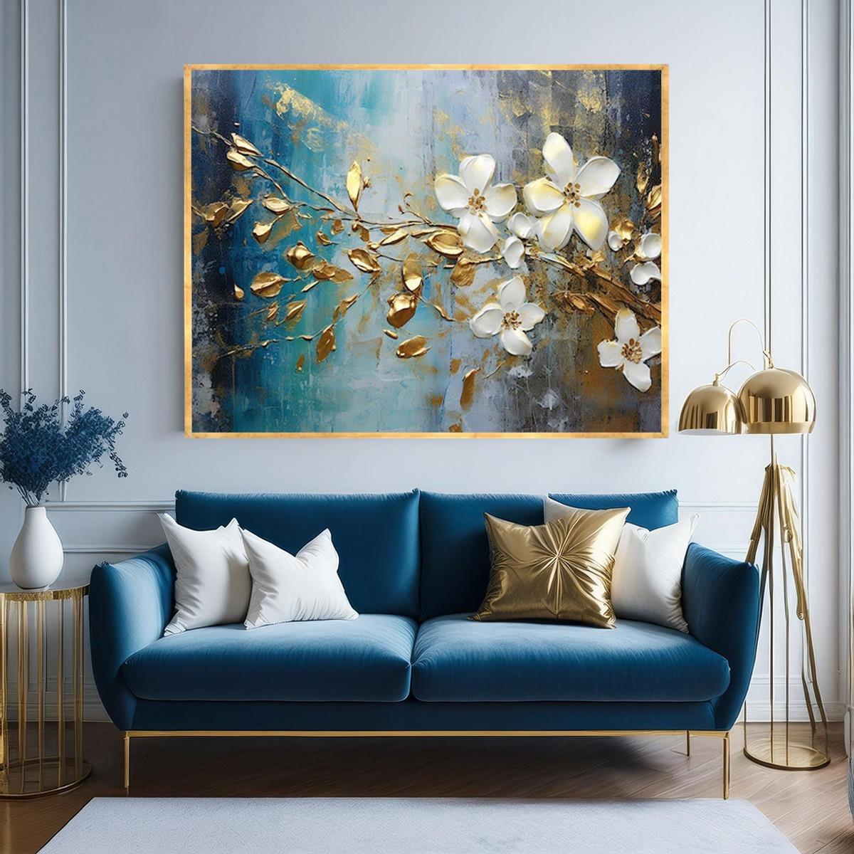 White And Gold Flowers Yağlı Boya Dokulu TabloYağlı Boya Dokulu Çiçek TablolarıTablolife