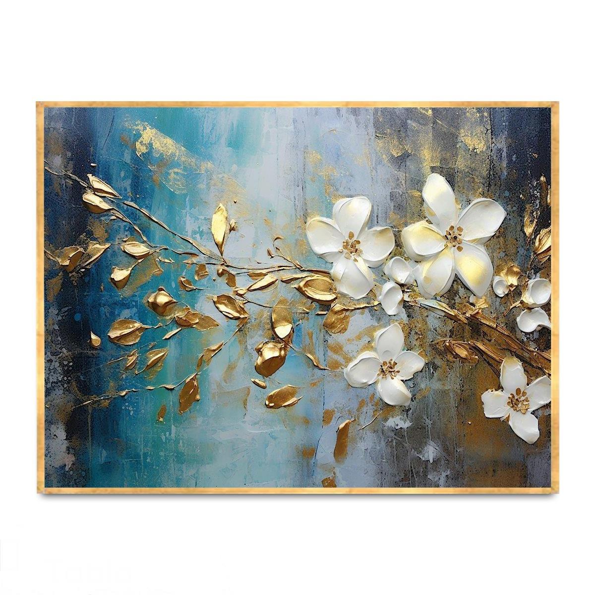 White And Gold Flowers Yağlı Boya Dokulu TabloYağlı Boya Dokulu Çiçek TablolarıTablolife