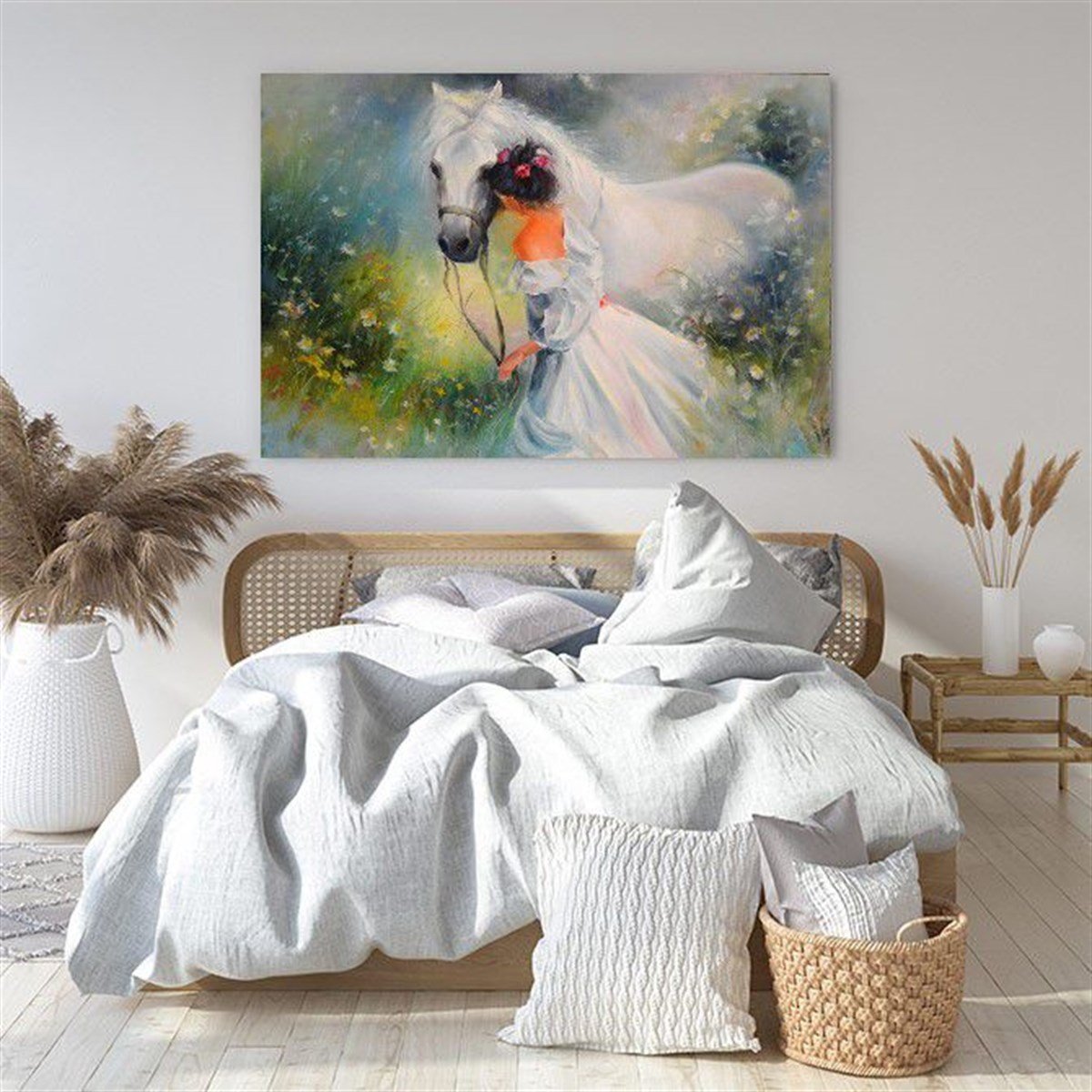 White Horse and Bride Yağlı Boya Dokulu TabloYağlı Boya Dokulu Kadın Temalı TablolarTablolife.com
