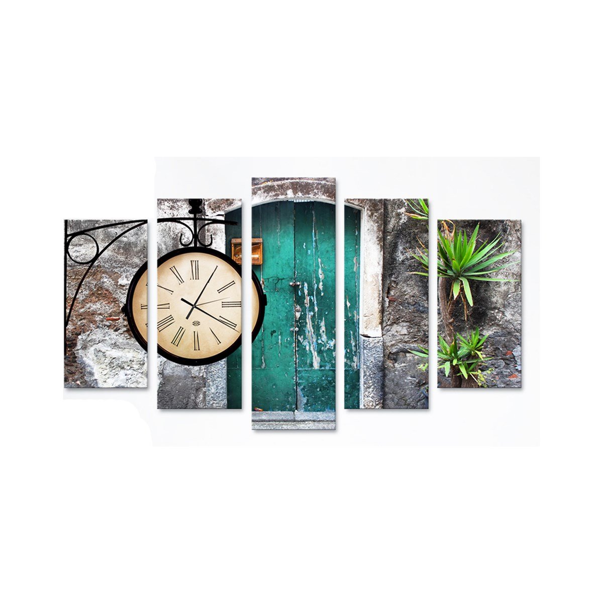 Yeşil Kapı Saatli 5 Parçalı Kanvas TabloParçalı KanvasTablolife.com