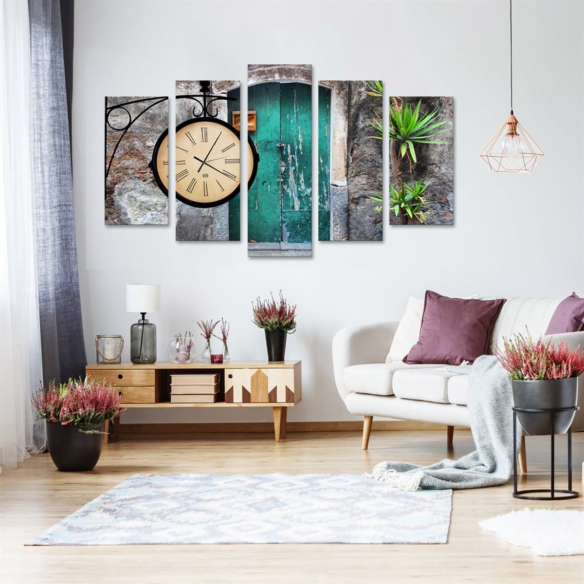 Yeşil Kapı Saatli 5 Parçalı Kanvas TabloParçalı KanvasTablolife.com