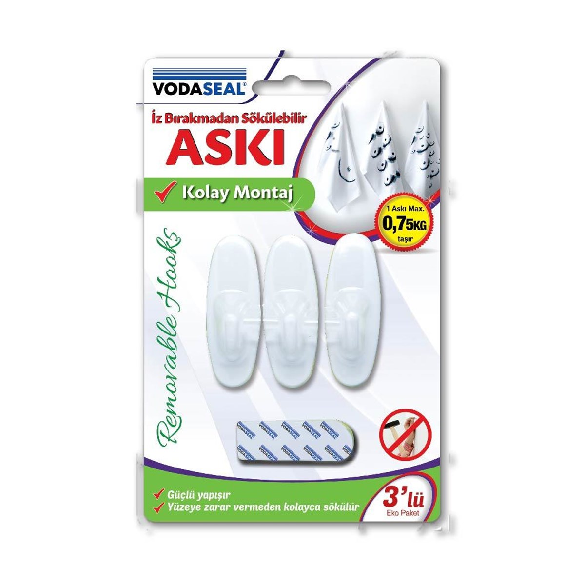 VODASEAL İZ BIRAKMAZ 3LÜ OVAL ASKI KÜÇÜK  BEYAZ