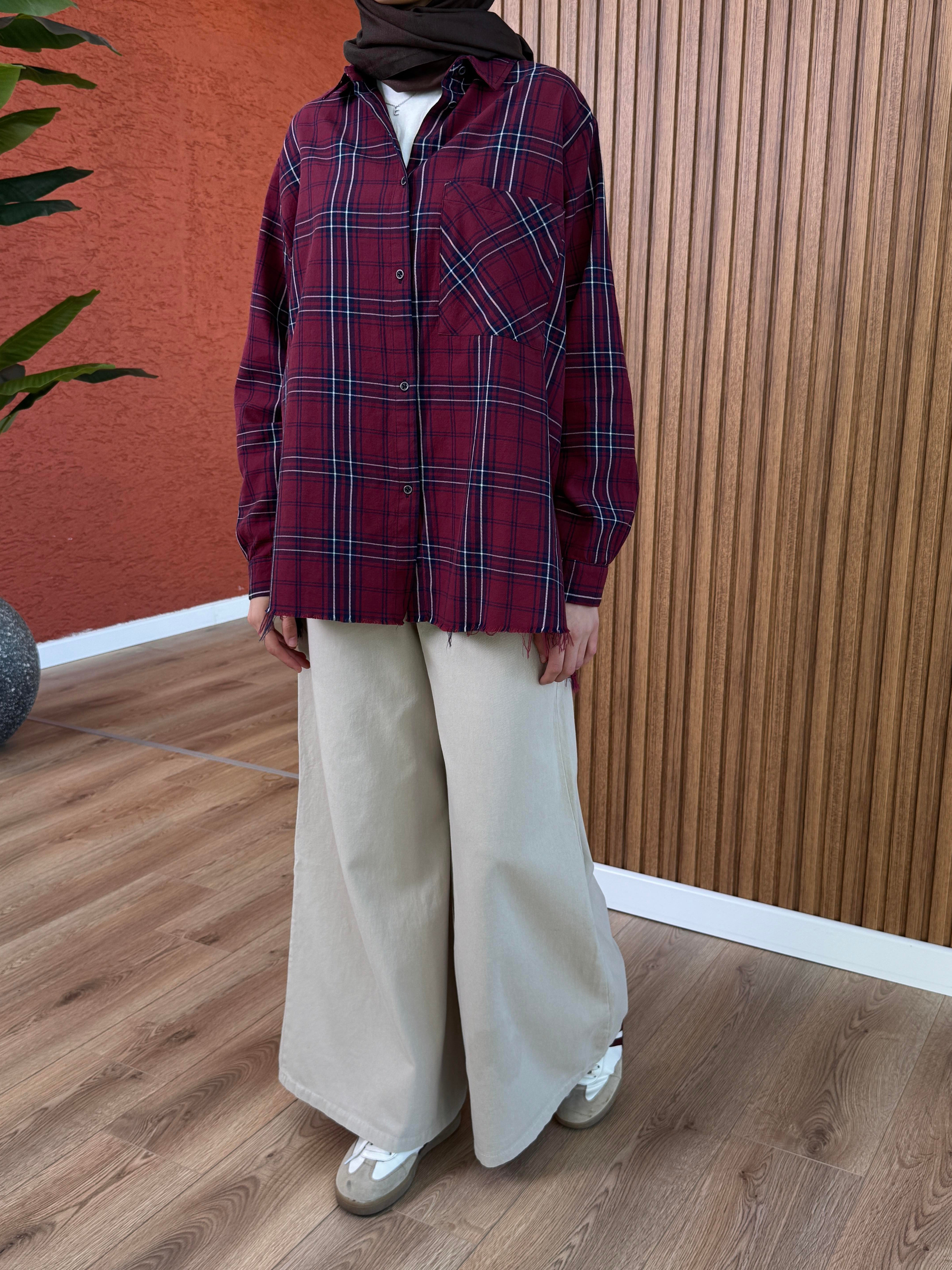 Kadın %100 Pamuk Ekose Gömlek-Bordo