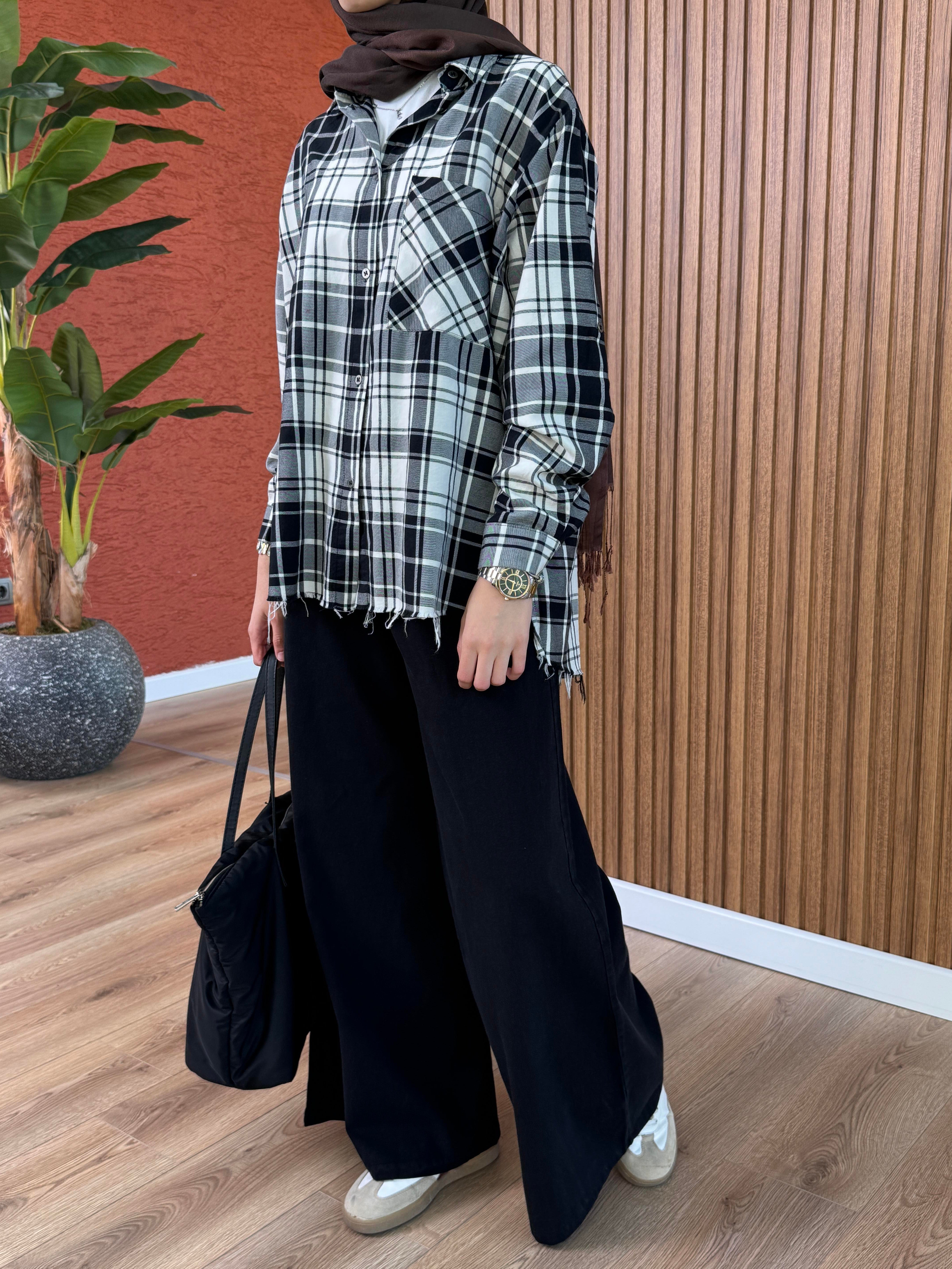 Kadın %100 Pamuk Ekose Gömlek-Siyah