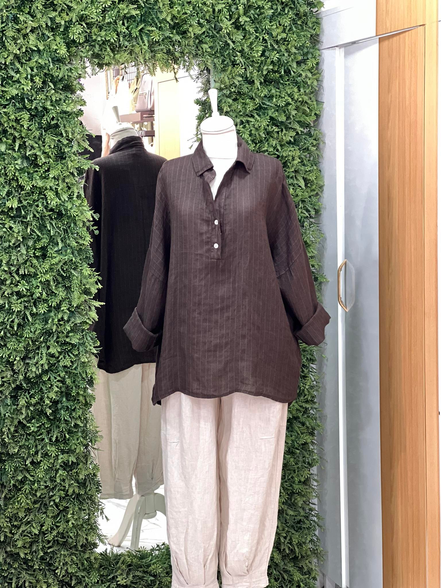 Kadın Çizgili Oversize Tunik Gömlek - Koyu Kahve