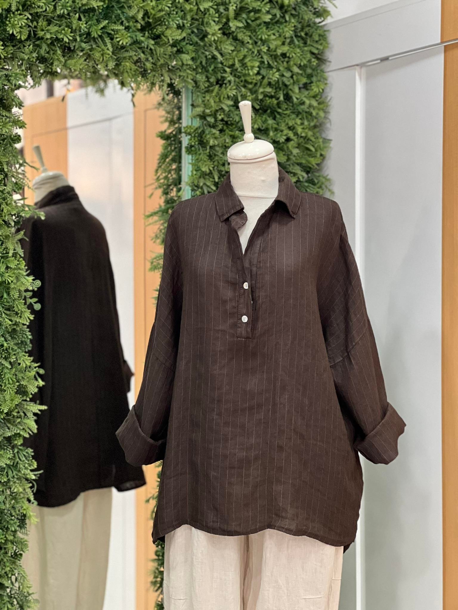 Kadın Çizgili Oversize Tunik Gömlek - Koyu Kahve