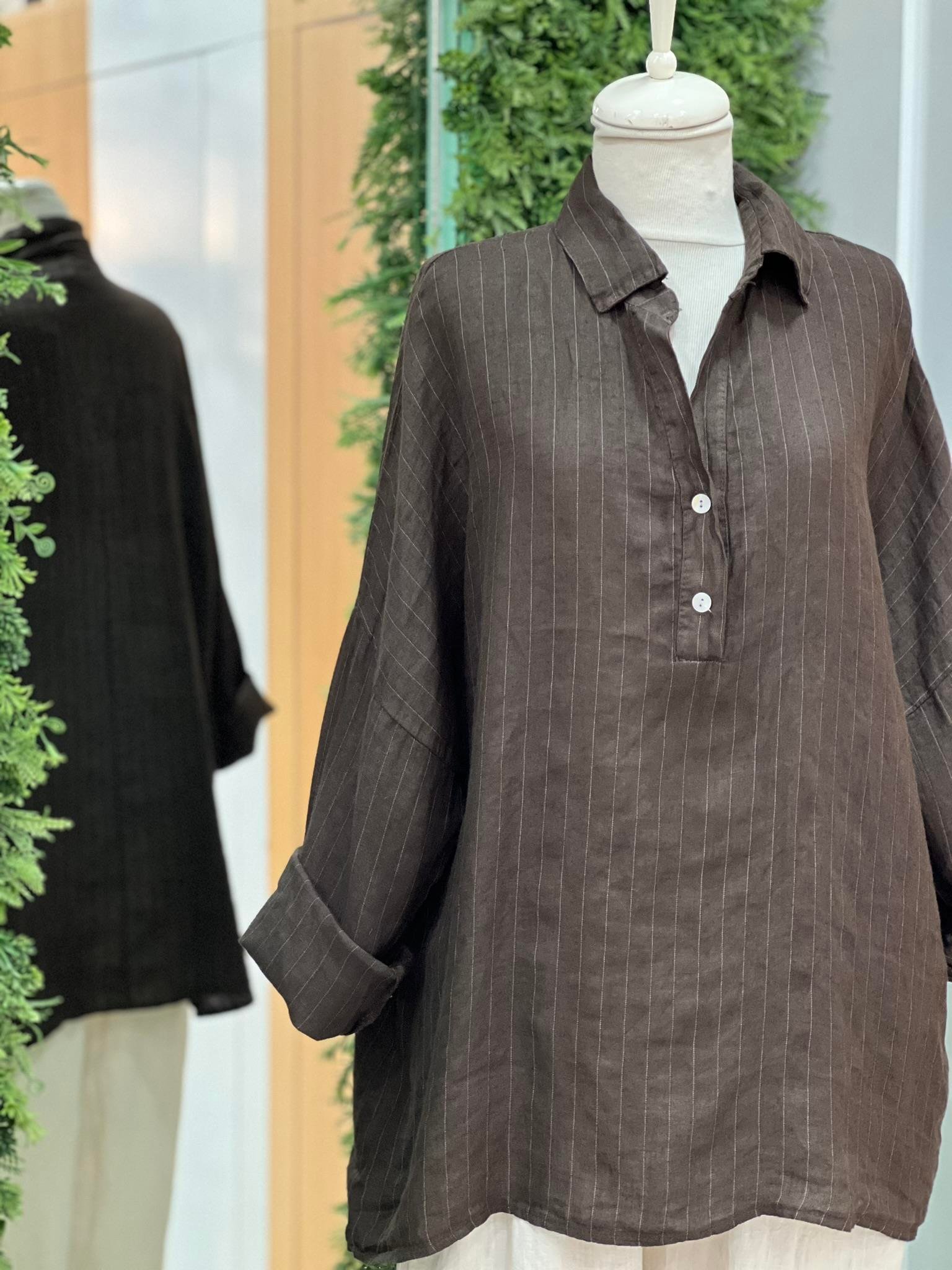 Kadın Çizgili Oversize Tunik Gömlek - Koyu Kahve