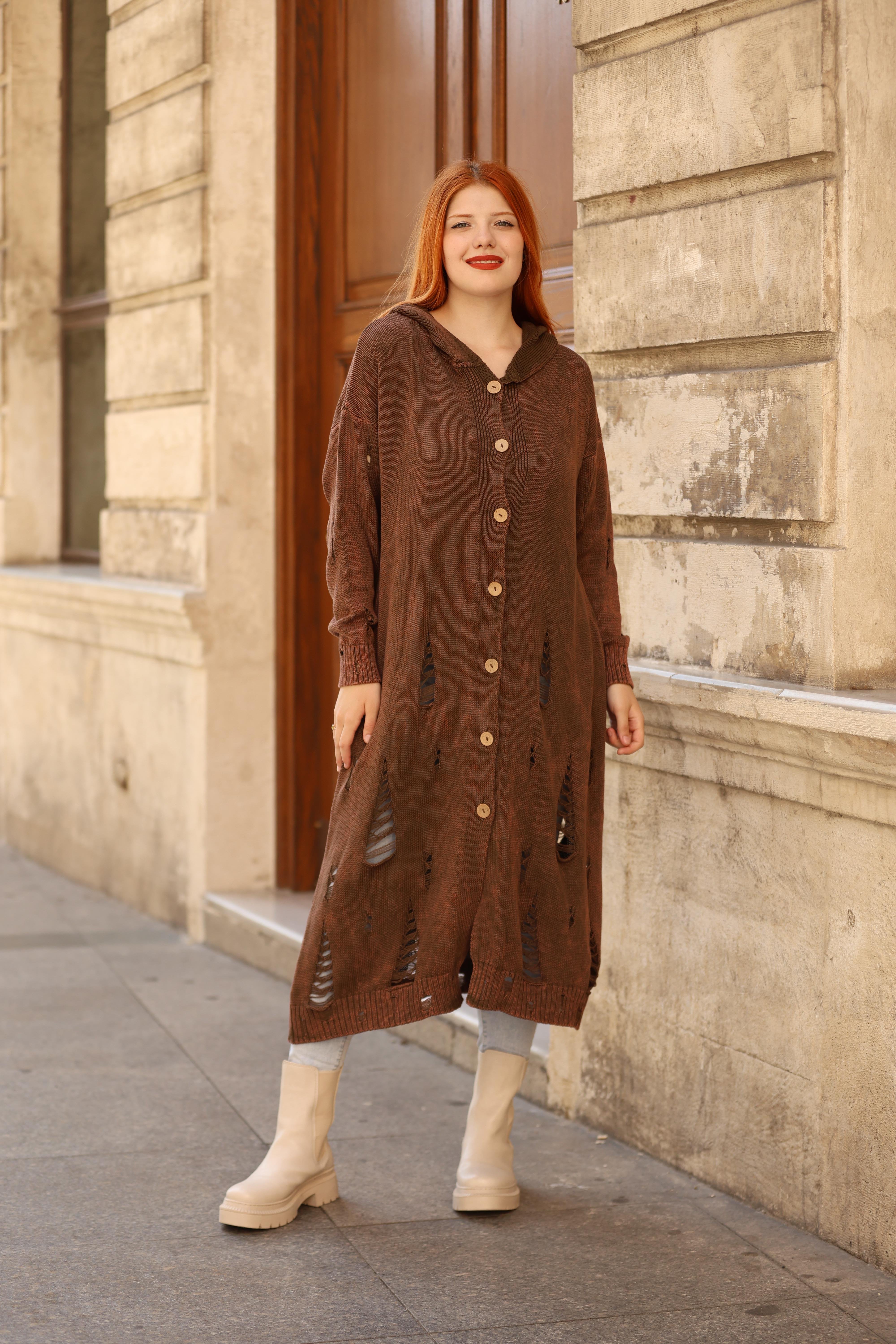 Kadın Yıkamalı Tam Boy Pamuk Hırka - Kahverengi