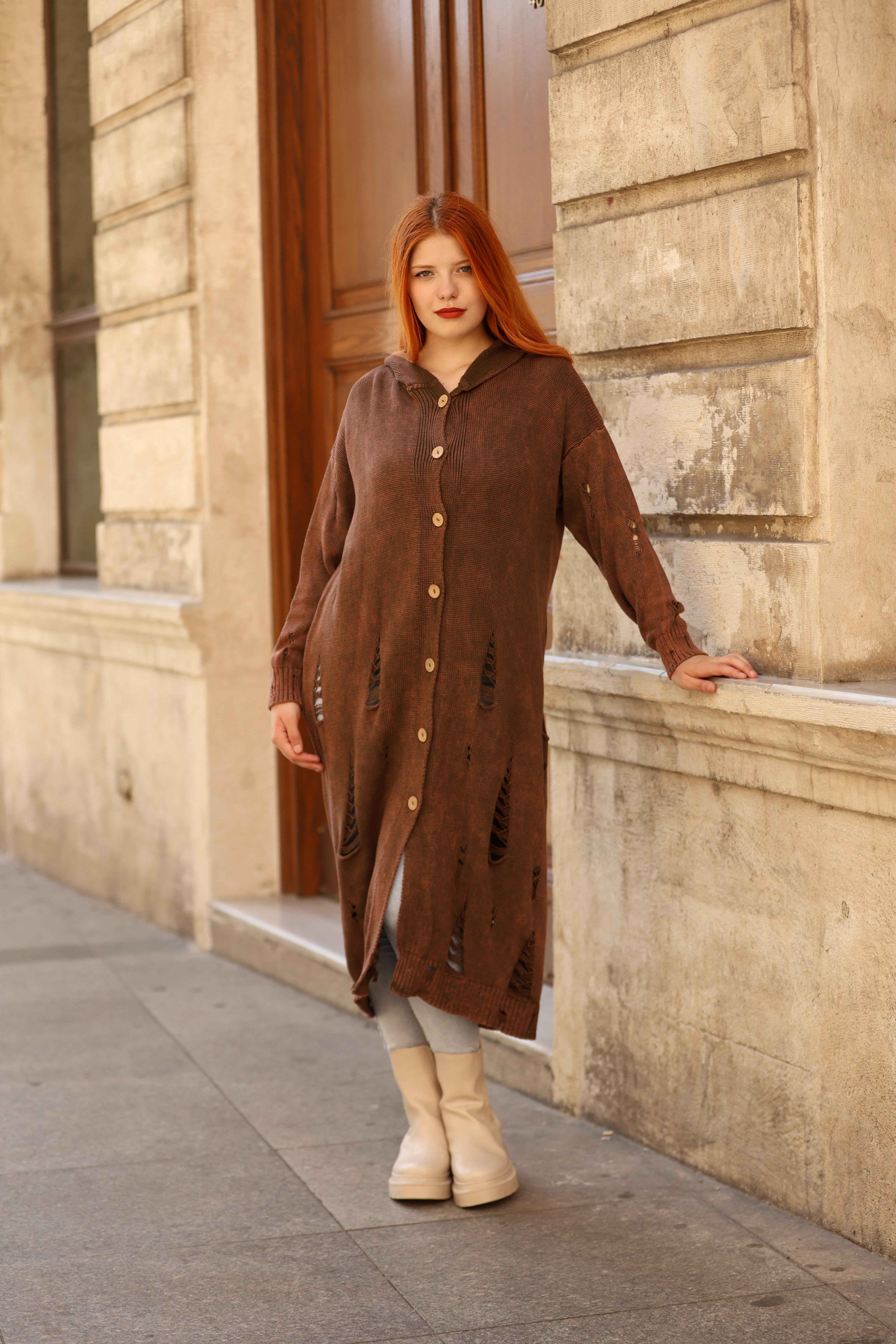 Kadın Yıkamalı Tam Boy Pamuk Hırka - Kahverengi