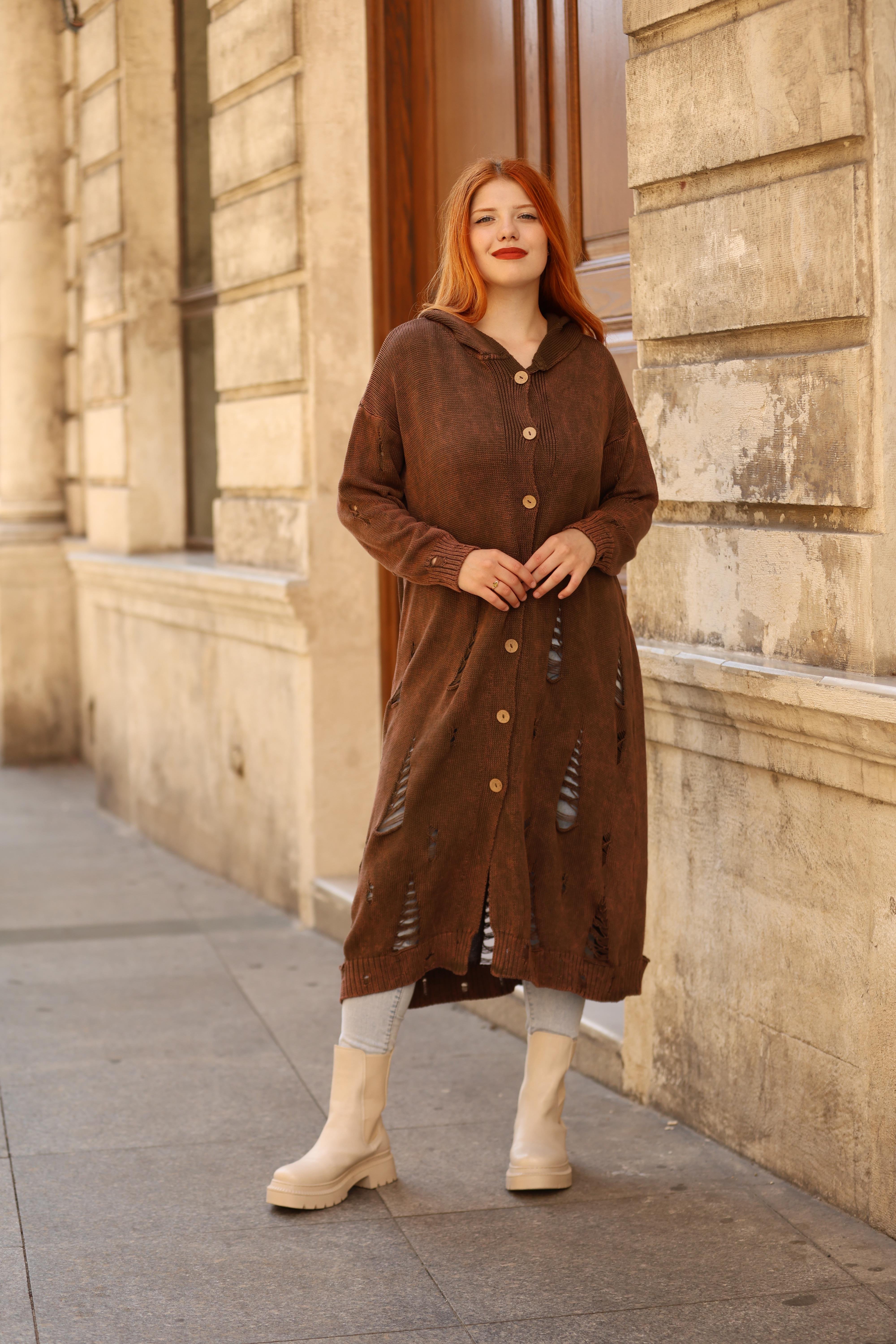 Kadın Yıkamalı Tam Boy Pamuk Hırka - Kahverengi