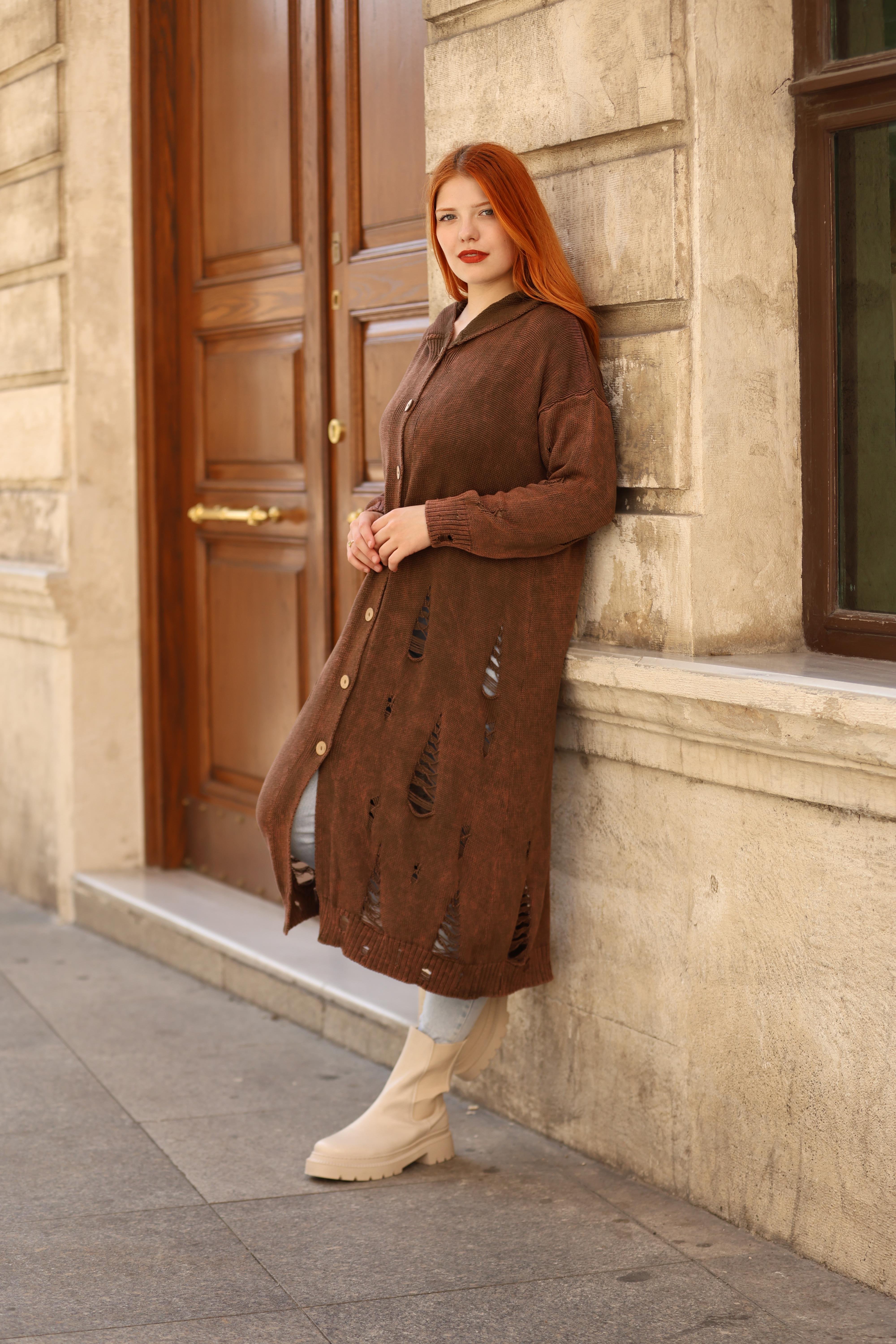 Kadın Yıkamalı Tam Boy Pamuk Hırka - Kahverengi