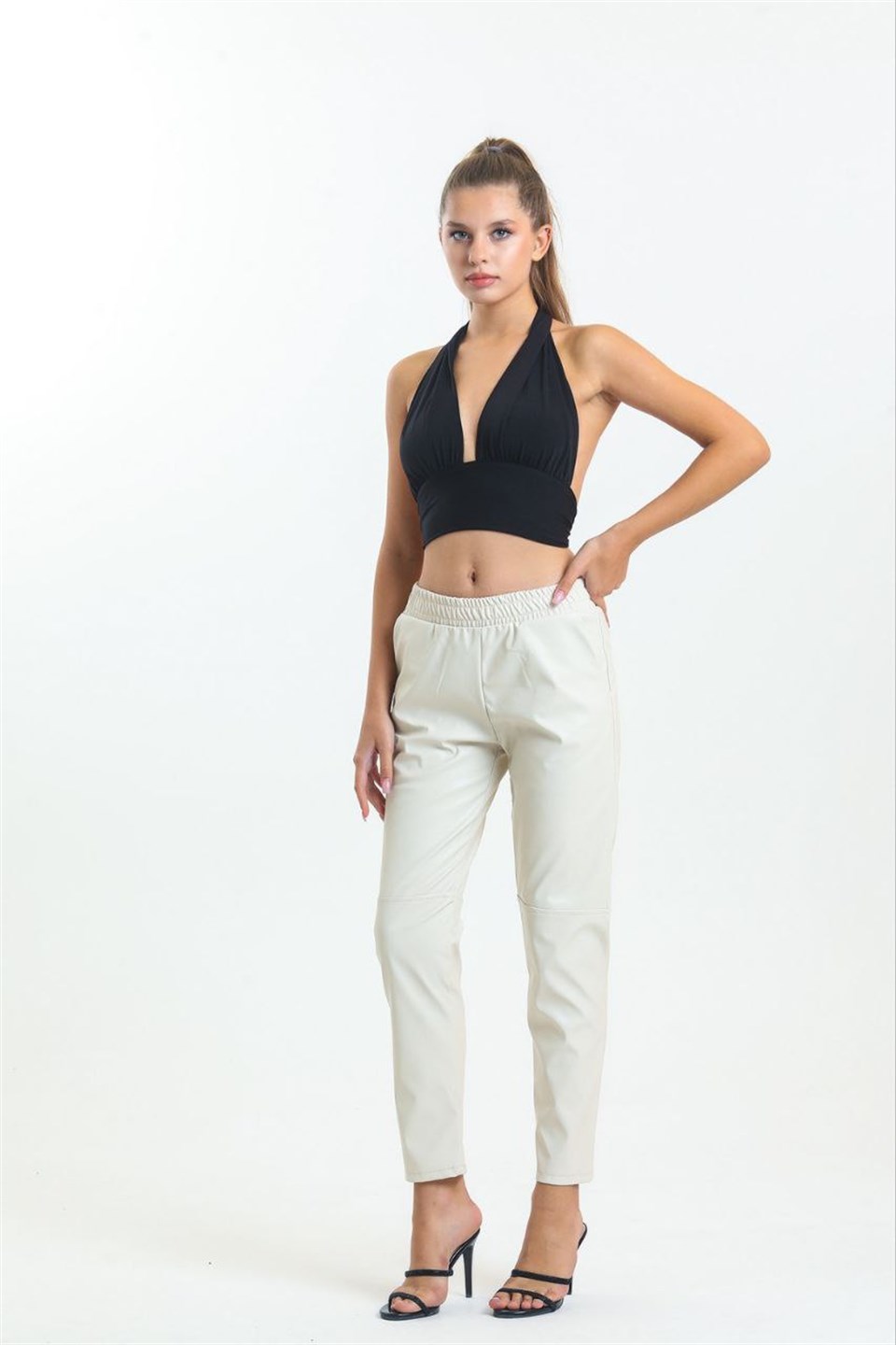 QASHMİR KADIN DÜZ PAÇA DERİ PANTOLON - BEJ