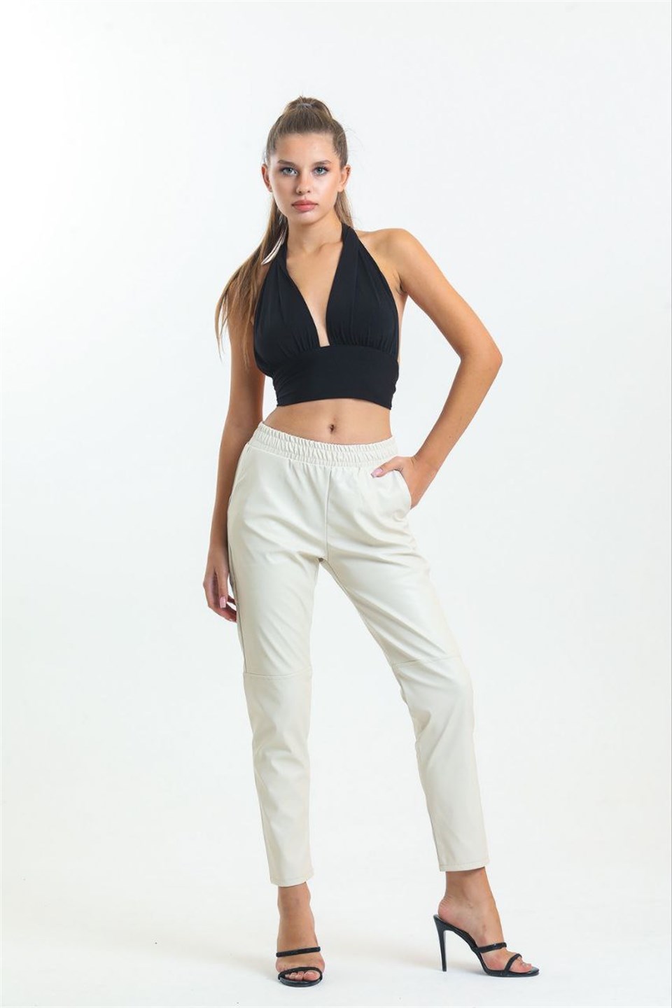 QASHMİR KADIN DÜZ PAÇA DERİ PANTOLON - BEJ