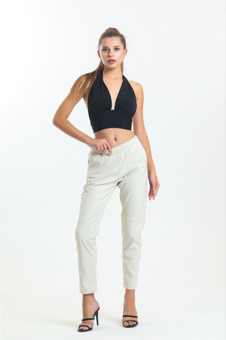 QASHMİR KADIN DÜZ PAÇA DERİ PANTOLON - BEJ