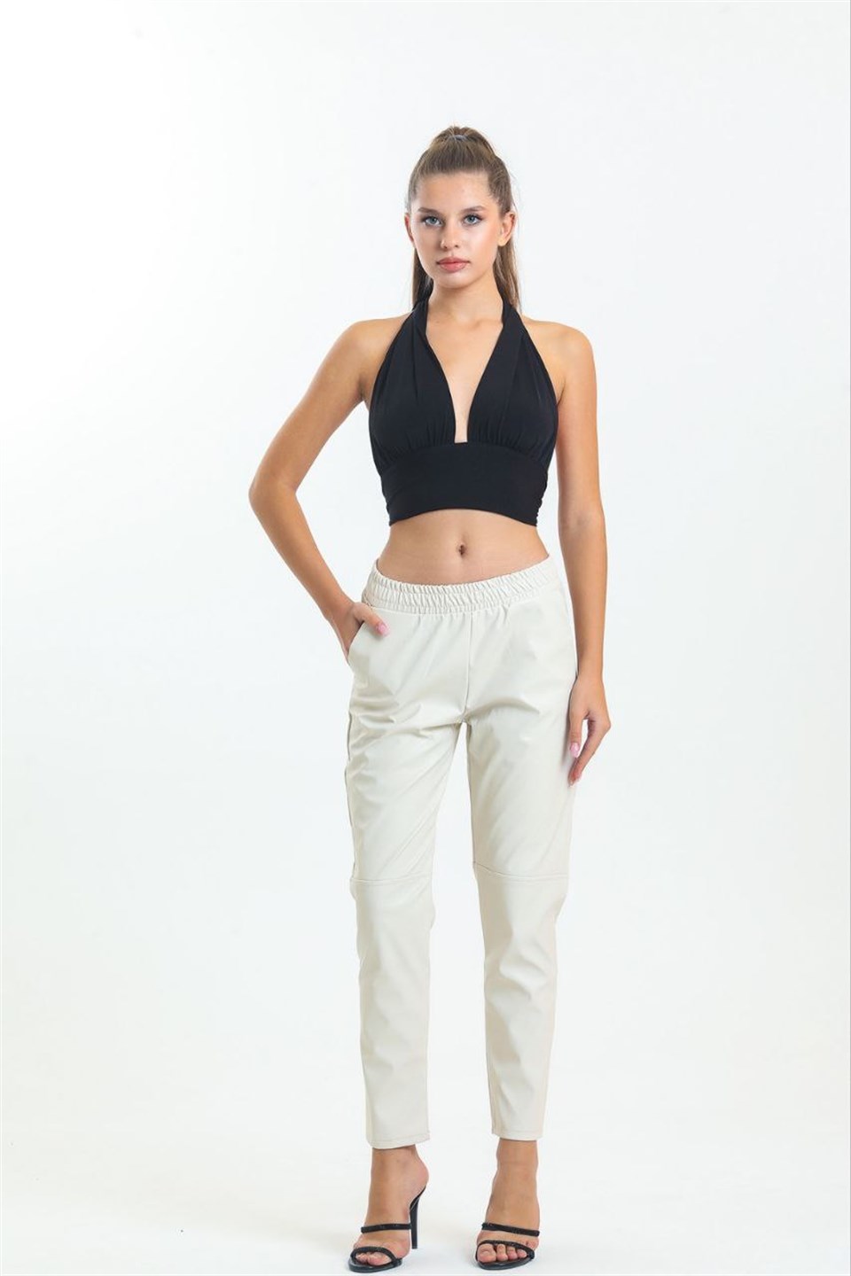 QASHMİR KADIN DÜZ PAÇA DERİ PANTOLON - BEJ