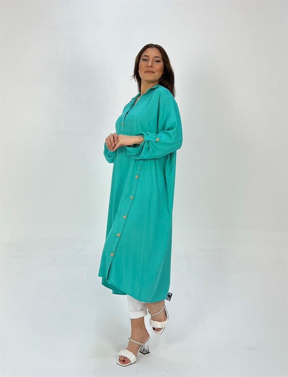 Qashmir Kadın Pamuk Cepli Düğme Detaylı Gömlek Tunik Elbise - Turkuaz