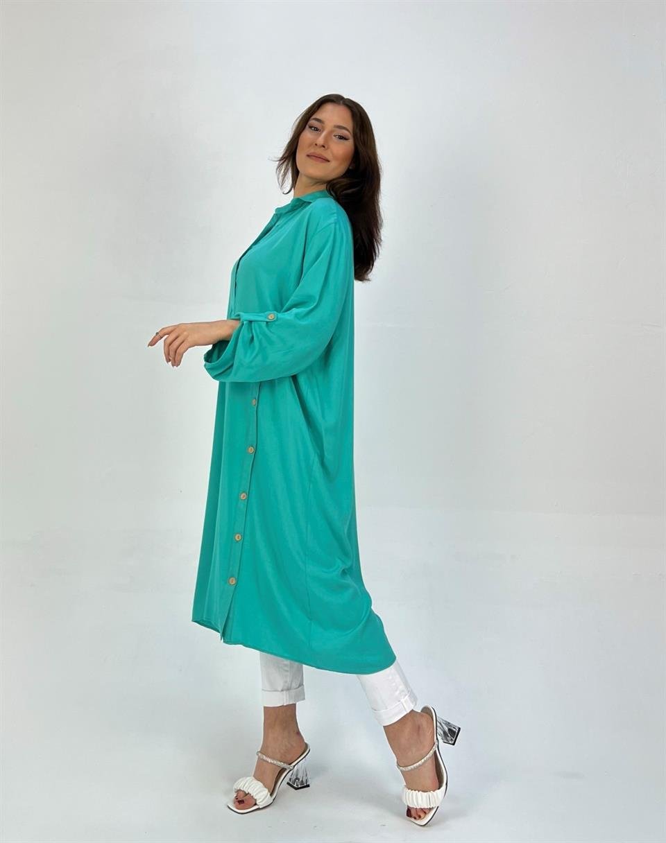 Qashmir Kadın Pamuk Cepli Düğme Detaylı Gömlek Tunik Elbise - Turkuaz