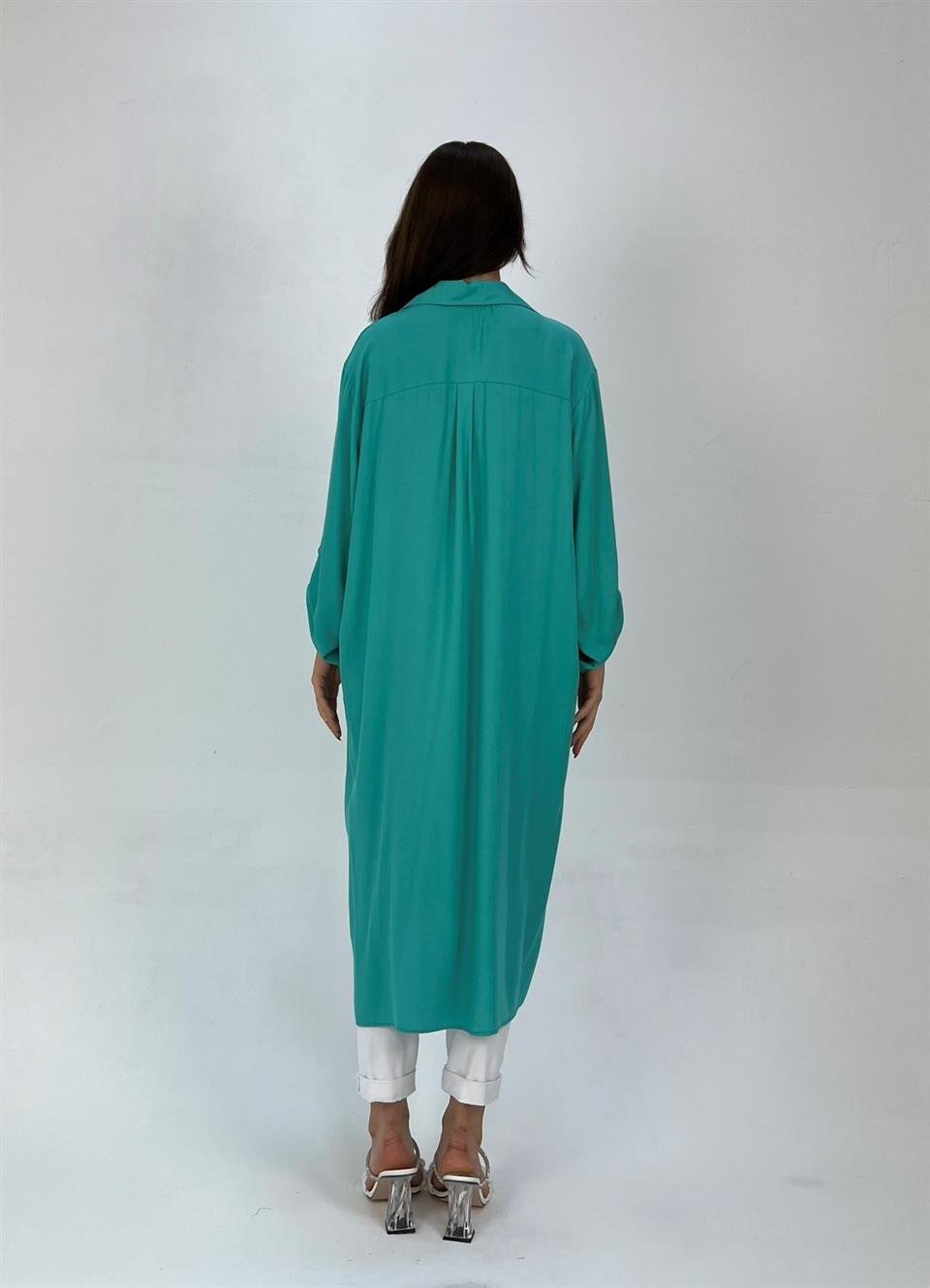 Qashmir Kadın Pamuk Cepli Düğme Detaylı Gömlek Tunik Elbise - Turkuaz