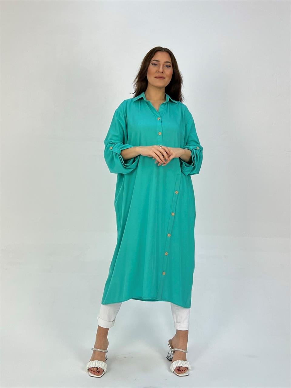 Qashmir Kadın Pamuk Cepli Düğme Detaylı Gömlek Tunik Elbise - Turkuaz