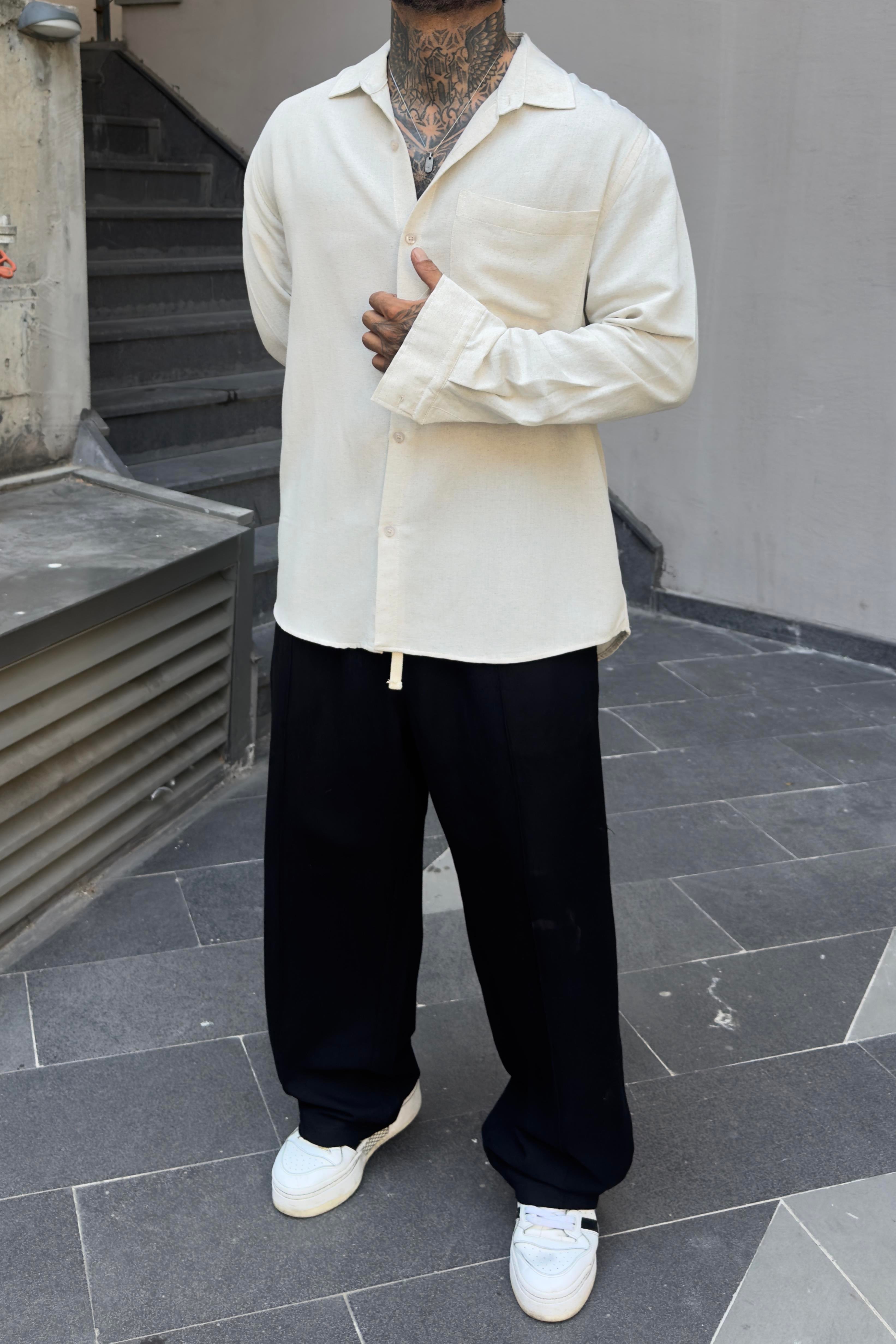 Basic Cepli Oversize Keten Gömlek