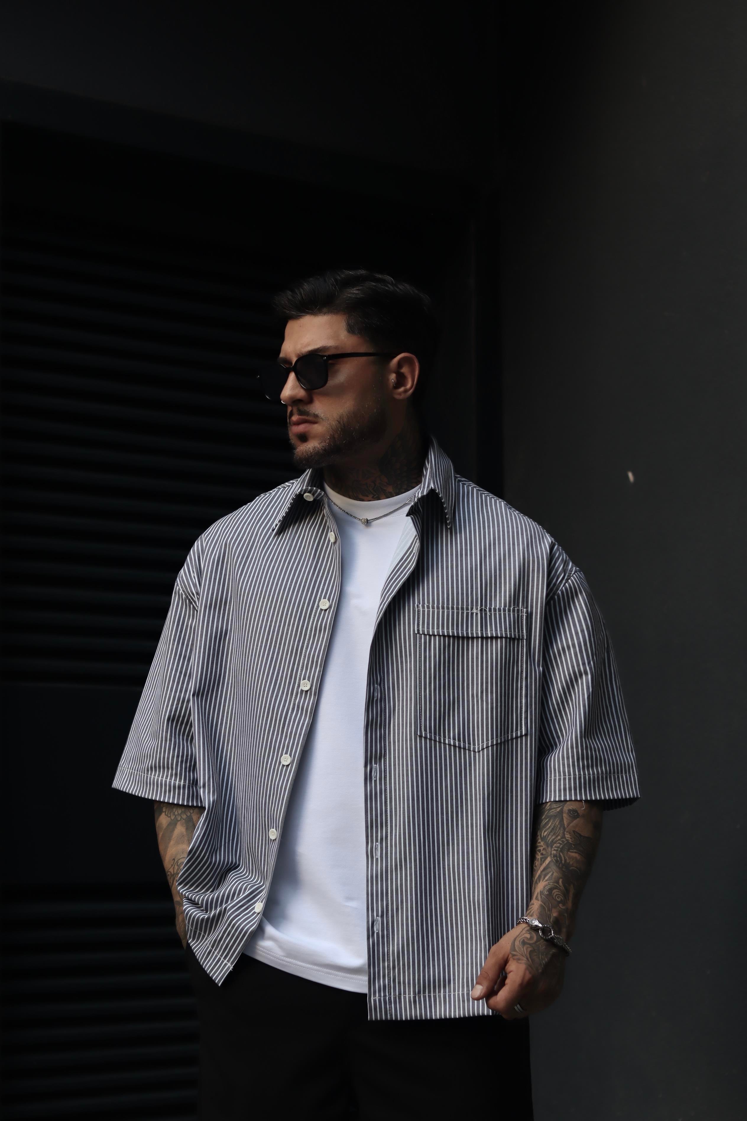 Basic gri çizgili oversize gömlek